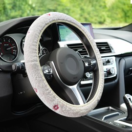 ZATOOTO Fuzzy Steering Wheel Cover Embroidery Floral Soft White Car Steering Wheel Cover for Women Girls, Cute Anti-Slip Steering Wheel Protector Fit for Most Cars