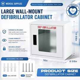 Zonon AED Cabinet Wall Mounted with Clear Window and Handle, Carbon Steel Defibrillator Storage Cabinet Fits Most AED Brands, for Hospitals, Schools, Offices, Public Areas, 16" W x 14.63" H x 8.63" D
