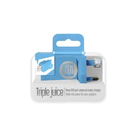 Juice Triple USB port universal mains charger for use with Apple iPads, iPhones & other Smartphones & Devices, Aqua