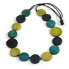 Avalaya Blue/Olive/Teal Geometric Round Wooden Bead Necklace with Adjustable Black