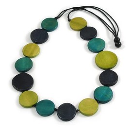Avalaya Blue/Olive/Teal Geometric Round Wooden Bead Necklace with Adjustable Black Cotton Cord - Eco-Friendly - 80cm Max Length