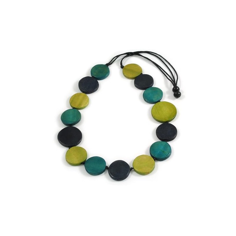 Avalaya Blue/Olive/Teal Geometric Round Wooden Bead Necklace with Adjustable Black