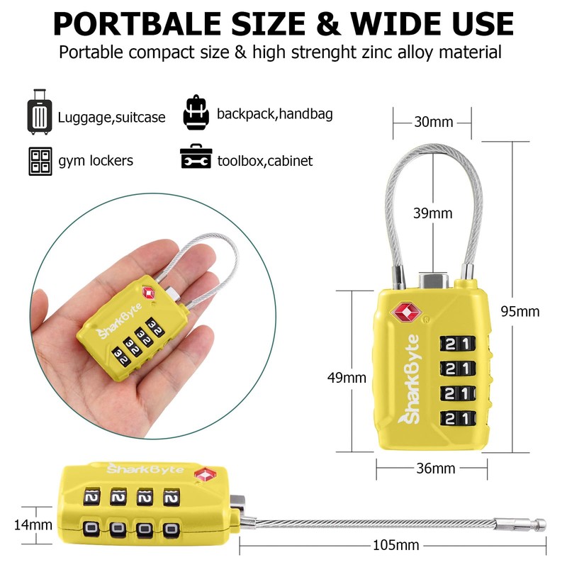 SharkByte TSA Approved Suitcase Locks - 4-Dial Security Travel Combination