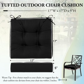 Wellsin Outdoor Chair Cushions Set of 2, Patio Cushions for Outdoor Furniture, Tufted Waterproof Outdoor Chair Pads, 17 x 17 Inch, Black