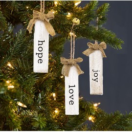 Christmas Natural Wood Tree Hanging Ornament Set. - Hope, Love and Joy Tags -Farmhouse Christmas Decor Ornament with Bell Charm and Burlap Bow (Pack of 3)