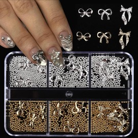 Jremg 6 Girds Alloy Gold Bow Nail are Charms, 3D Cute Bowknot Nail Rhinestones Silver Gold Bow Tie Nail Gems Bow Ribbon Nail Jewelry Small Gold Silver Bead Nail Supplies for DIY Nail Art Decoration