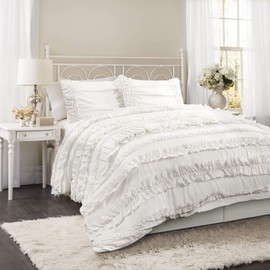 Lush Decor Belle 4 Piece Ruffled Shabby Chic White Comforter Set with Bed Skirt and 2 Pillow Shams - Queen Comforter Set