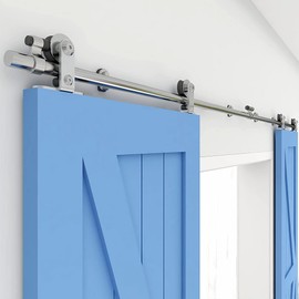 BONIKLUBA 6.6FT Stainless Steel Sliding Barn Door Hardware Track Kit Top Mount T Hanger Set for Double Dooruse, Easy to Install