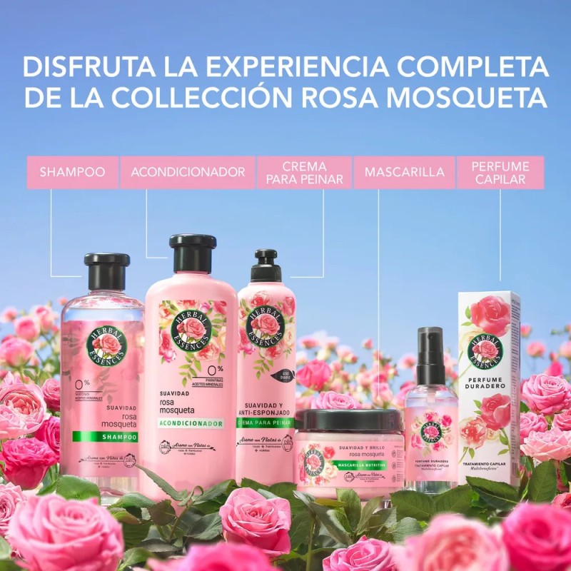 Shampoo Suavidad Rosa Mosqueta Herbal Essences para más brillo y