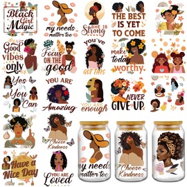 AFRITEE Transfer Cup Wrap Stickers - 20 Sheets Black Girls UV DTF Cup Wraps for 16 20 40 oz Glass, Black Girl Stickers Women Inspirational Aesthetic Uvdtf Transfer Stickers for Coffee Cups Mugs