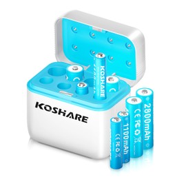 KOSHARE 8 Pack Rechargeable Batteries Ni-MH with Charger,1.2V 2800mAh AA and 1100mAh AAA High Capacity Ni-MH Batteries,Rechargeable up to 800 Times,Pre-Charged (White+Blue, 4AA4AAA+8Slot Charger)