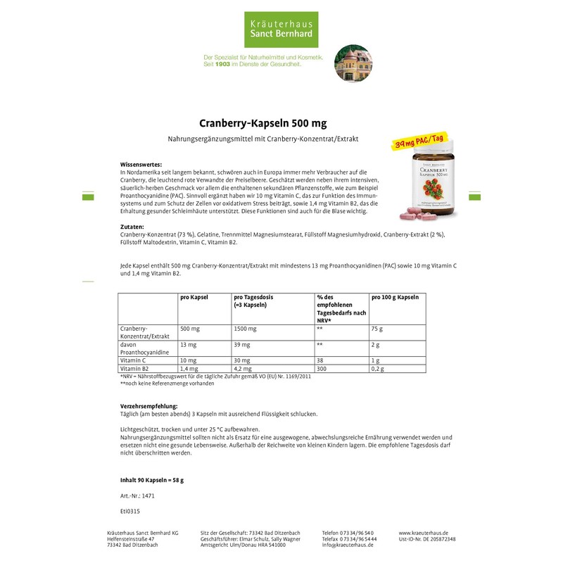 Sanct Bernhard Cranberry 500 mg – 90 Capsules (58g)