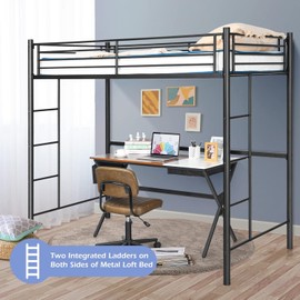 HOMGX Metal Loft Bed Twin Size, Heavy Duty Bunk Bed Frame w/Both Side Ladders, Twin Over Loft Bunk Bed Frame w/Full-Length Guardrail, Space-Saving Bunk Bed for Teens & Adults (Black)