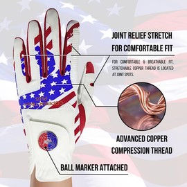 Copper Tech Plus Men's Golf Gloves (1 Pack) - USA Flag Golf Glove with Ball Marker - 100% AAA Synthetic Tacky Leather Golf Glove:_[Right Hand] For Left Handed Golfers_XX-Large