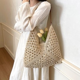 Ladies Straw Shoulder Bag For Women Summer Beach Bag Large Fashion Shoulder Bag Straw Bag Hand-woven Handbags for Work Beach Trip Vacation (Off-white)