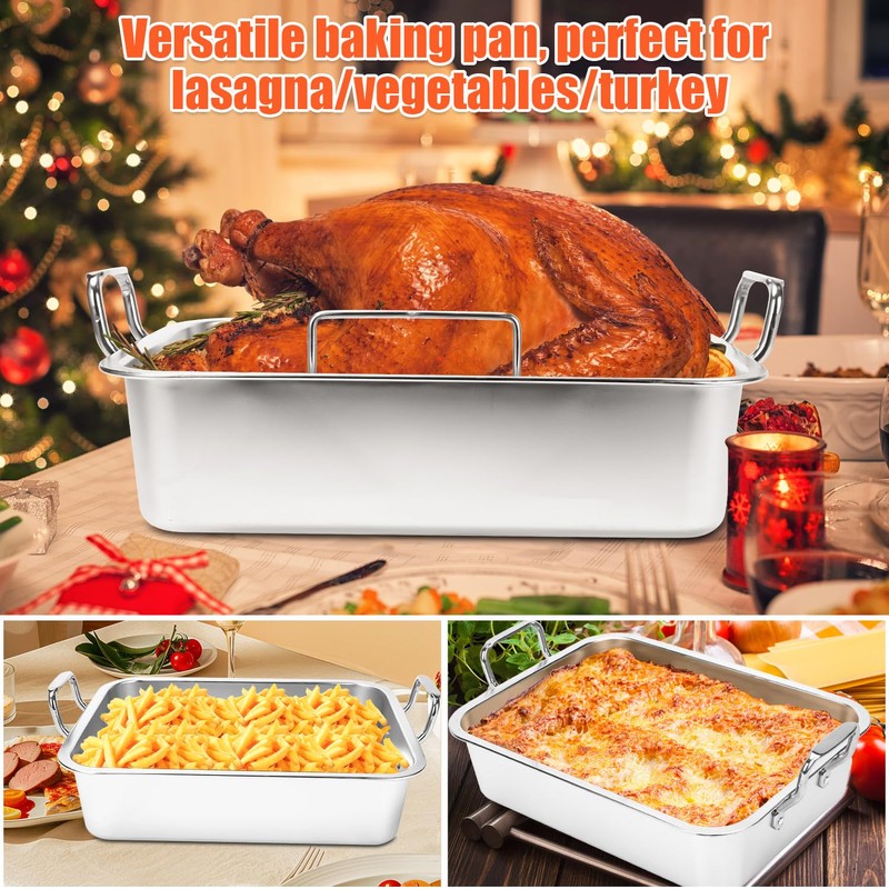 QuliMetal Triple Ply Stainless Cookware 16-inch Roasting Pan Skillet, Rectangular