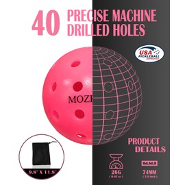 MOZKUIB Pickleball Balls, 40 Holes Pickleballs, High Bounce True Flight Practice Pickle Ball Crack-Resistant, USAPA Approved, 12 Pack Pickle Balls with Pickleballs Bag(Pink)