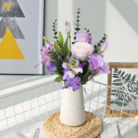 IPOPU Fake Purple Flowers Bouquet Kit - Lilies Flowers, Real Touch Roses Combo Snapdragon, Lisianthus Flowers Artificial Bouquet for Home Table Wedding Centerpiece DIY Craft Projects (Purple)