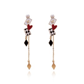 Vintage Playing Card Earrings for Women – Asymmetric Gold Rabbit & Red Heart Drop with Clock Charm, Wonderland-Inspired Cosplay Jewelry