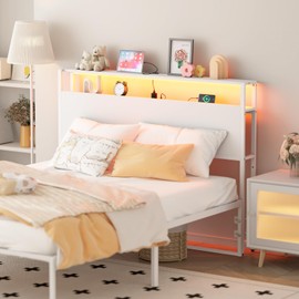 Merronix Full Sized Headboard with 2 Tiers Storage Shelves, Sturdy and Stable Headboard with Charging Station, USB Ports and LED Light for Full Bed Frame, White