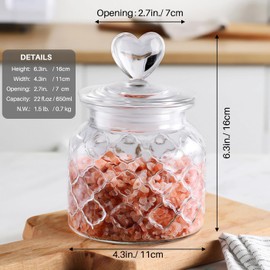 HomeyHoney 22 oz Clear Glass Canister with Cute Heart shaped Lids Set, Food Storage Glass Jars with Airtight Lids for Kitchen and Dining Room, Grid/Set of 2