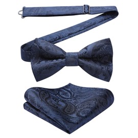 Hisden Men's Bow Tie, One-Touch Paisley Pattern, Bowtie, Chief Set, For Weddings, Hook Type, Easy On/Off, Gift, 01 Navy (Paisley)