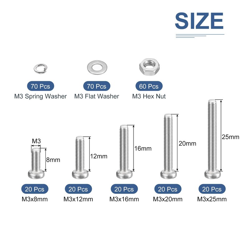 DTGN 500pcs Nuts and Bolts Assortment Kit M3 Pan Head