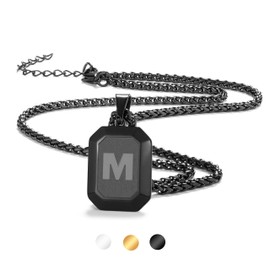 Bellino Initial B Necklace for Men Square Stainless Steel Letter A Pendant Chain for Mens, Alphabet Capital Monogram Dog Tag Necklaces Jewelry Gifts Birthday Gifts for Kids(Black)