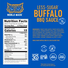 Noble Made Buffalo BBQ Sauce, Keto, Gluten Free, Vegan Dipping & Wing Sauce, Low Carb, Dairy Free, Low Calorie, Paleo, Low Sugar, and Whole30 Approved, Less-Sugar Buffalo, 13 oz (1 Count)
