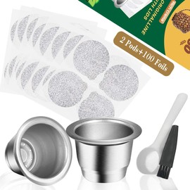CAPMESSO Reusable Espresso Capsules Refillable Coffee Pod Stainless Steel Cups Compatible with Nespresso OriginalLine Brewer (2 Pods +100 Lids)