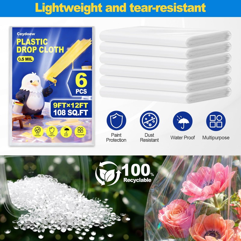 6 Pack Plastic Drop Cloths for Painting 9x12ft - Disposable