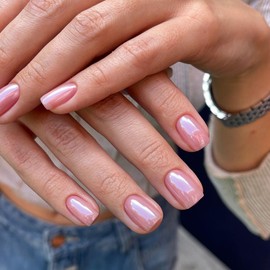 Chrome Glazed Donut Press on Nails Short Square Shaped - Nude Pink Short Gel Nails Press ons Glossy Shiny Acrylic Nails Reusable Fake Nails for Women Glue on Nails Short Square Thick False Nails 24Pcs