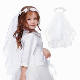 SWEETV First Communion Veil 1st Communion Veils For Kids Flower Girl Bow Headband Veil Holy Headpiece Wedding Catholic Party
