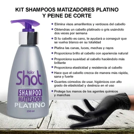Kit Shampoo Matizador Morado Platino Kolor Shot Matizador de Canas y Cabello Rubio Platina el Cabello, Mechas Y Rayos, Cuidado del Cabello Teñido Cano y Rubio + Par de Guantes de Látex
