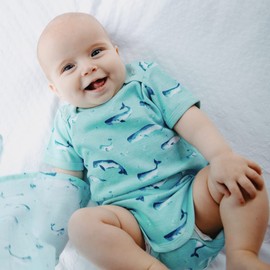 Organic Cotton Summer Short-Sleeve Onesie - Watercolour Whale Pods in Aquatic Blue, 12-24 MTHS