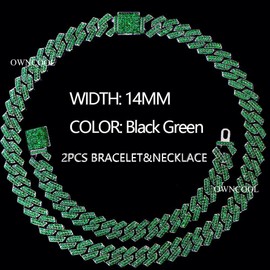 OWNCOOL 2 PCS Green Cuban Link Chain Iced Out Chain Cuban Necklace Bracelet Bling Diamond Hip Hop Jewelry for Men Women Green 7 16inch