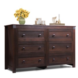 WLIVE Farmhouse 6 Drawer Dresser for Bedroom, 53.07'' Wide Wood Dresser, Storage Dresser Organizer with Double Rustic Handle, TV Stand for 60 inch TV, Chest of Drawers for Living Room, Hallway, Brown