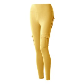 JEGGE High Waist Yoga Leggings with 4 Pockets,Tummy Control Workout Running 4 Way Stretch Cargo Pocket Leggings (Yellow, XX-Large)