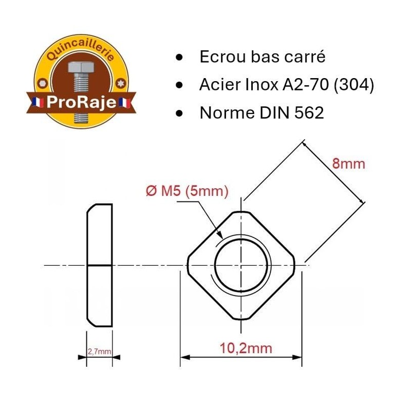 Square Nut M5 Stainless Steel Low Shape/Flat Profile Stainless Steel