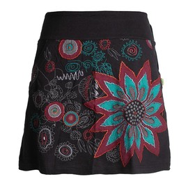 Vishes - Alternative Clothing - Extraordinary Women's Cotton Skirt with Large Embroidered Flower, black