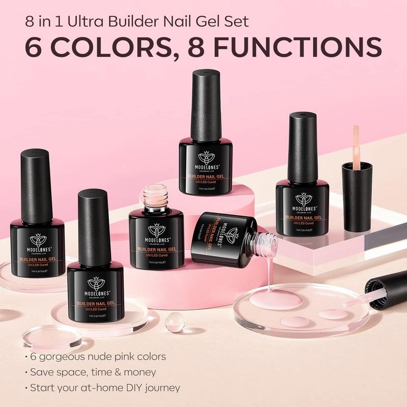 Modelones 8-in-1 Builder Nail Gel, 6 Colors Pink Builder Gel