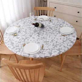 GRISHA Waterproof Round Tablecloth,Elastic Edged Fitted,Oilcloth,Gray Flowers,PVC,Wipeable,Outdoor circular plastic cover,114 to 142 cm and 45 to 56 inches. (Gray Flower, 114/142)