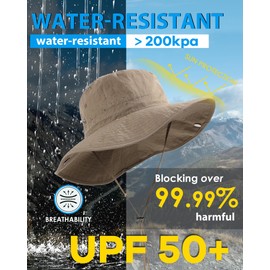 Water-Resistant Bucket Rain Hat for Women Wide Brim Summer UPF50+ Cowboy Sun Hat Men Foldable Soft Floppy Beach Hat Khaki