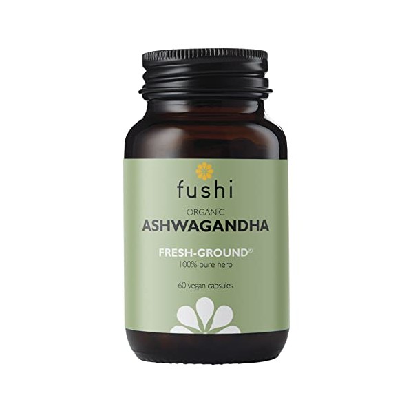 Fushi Ashwagandha Organic Herbal Supplement 340 mg, 60 Caps | Fresh-Ground Wholefood | Adaptogen, Immune, and Energy | Ethical & Vegan | Ayurveda Formula Known as WithaniaSomnifera