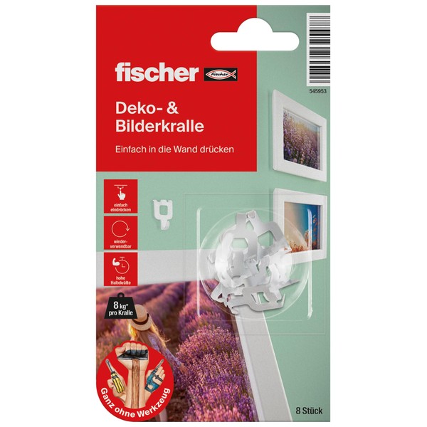 Fischer 545953 Picture Claw, Picture Hooks in White, Mounting without Drilling and Tools, Better Nail, Wall Hooks for Attaching Pictures, Decoration, Clocks, etc. Pack of 8