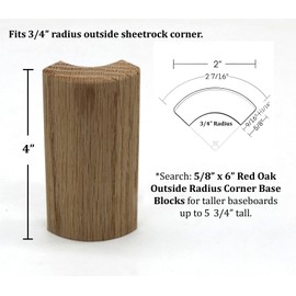 5/8" x 2" x 4" Red Oak Outside Radius Corner Base Block, Trim Molding for Thin Baseboard (10)