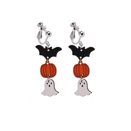 Acrylic Halloween Clip on Earrings Pumpkin Ghost Clip on Earrings Bat Earrings Halloween Jewelry Holiday Earrings (bat-wooden)