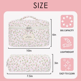Burskit Makeup Bag, Quilted Makeup Bag, Cotton Large Travel Makeup Bags, Floral Cosmetic Bags, Travel Quilted Makeup Pouch for Women, Flower Toiletry Bag (Mini pink flower)