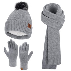Bequemer Laden Womens Winter Beanie Hats Long Scarf Neck Touchscreen Gloves Set Knitted Pompom Cap with Thermal Fleece Lined, Grey
