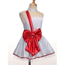 JEATHA Kids Girls Sleeveless Sequins Striped Christmas Fancy Dress Gymnastics Leotard Dance Costumes White&Red Bow 12 Years